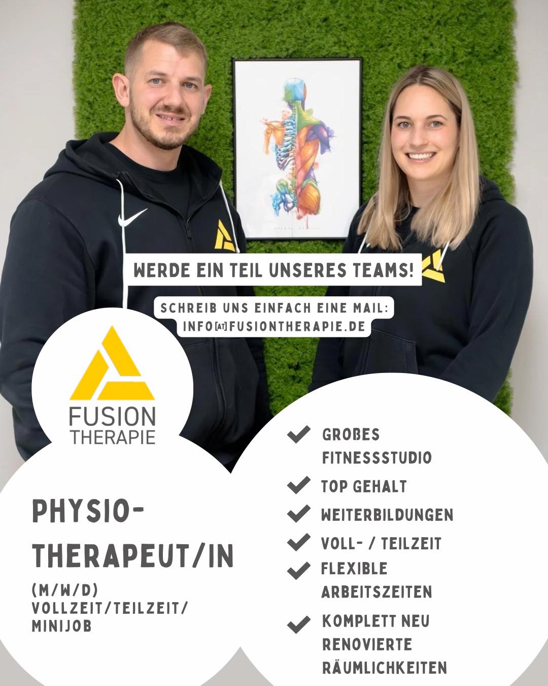 Werde Teil unseres FusionTherapie-Team!💛

Du bist Physiotherapeut/in und suchst mehr als nur einen Job?
Dann bist du bei