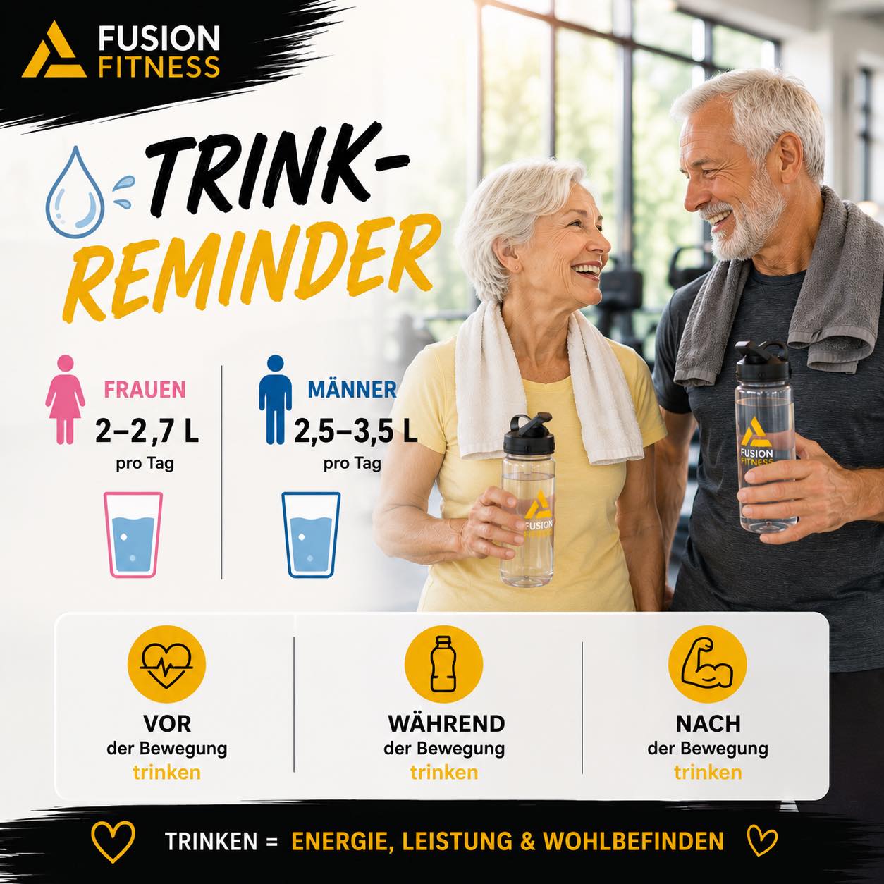 💧☀️ TRINK-REMINDER ☀️💧

Gerade im Sommer ist ausreichend Trinken wichtiger denn je!

🚺 Frauen: ca. 2–2,7 Liter täglich
🚹