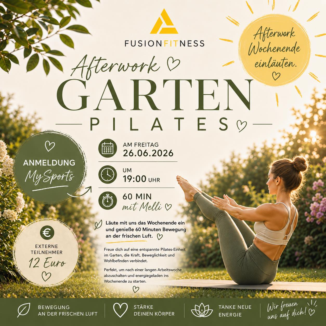 ☀️ AFTERWORK GARTEN PILATES 🌿

Läute mit uns das Wochenende ein und genieße 60 Minuten Bewegung an der frischen Luft. 💚
