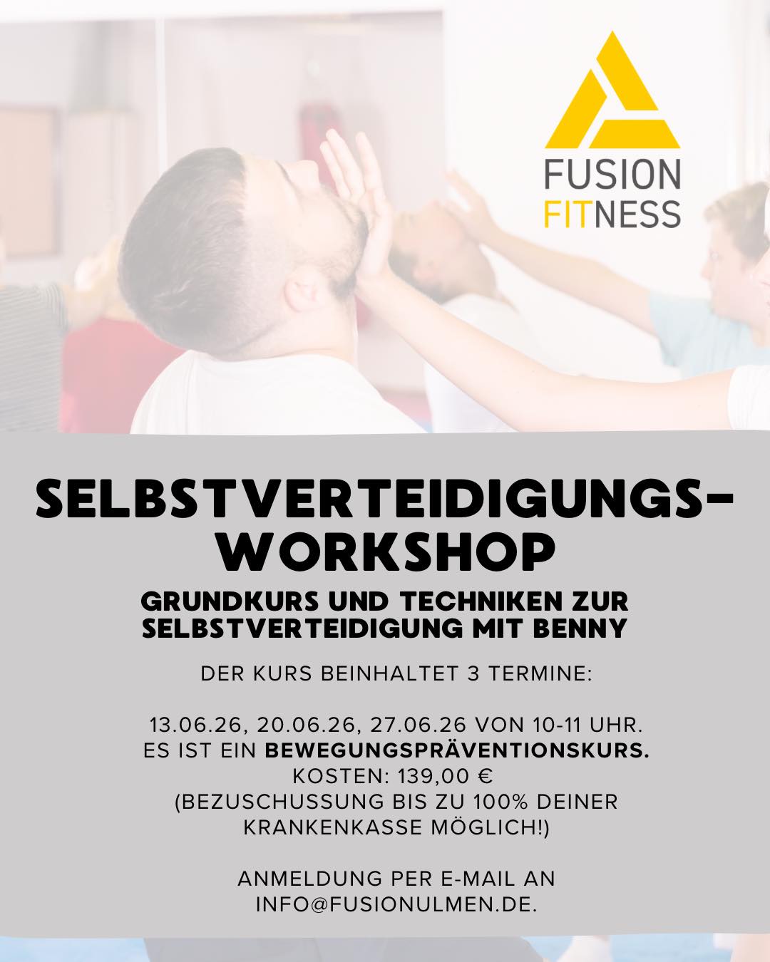 🛡️ PRÄVENTIONSKURS – Selbstverteidigungs-Workshop bei Fusion Fitness

Lerne einfache und effektive Techniken, um dich im