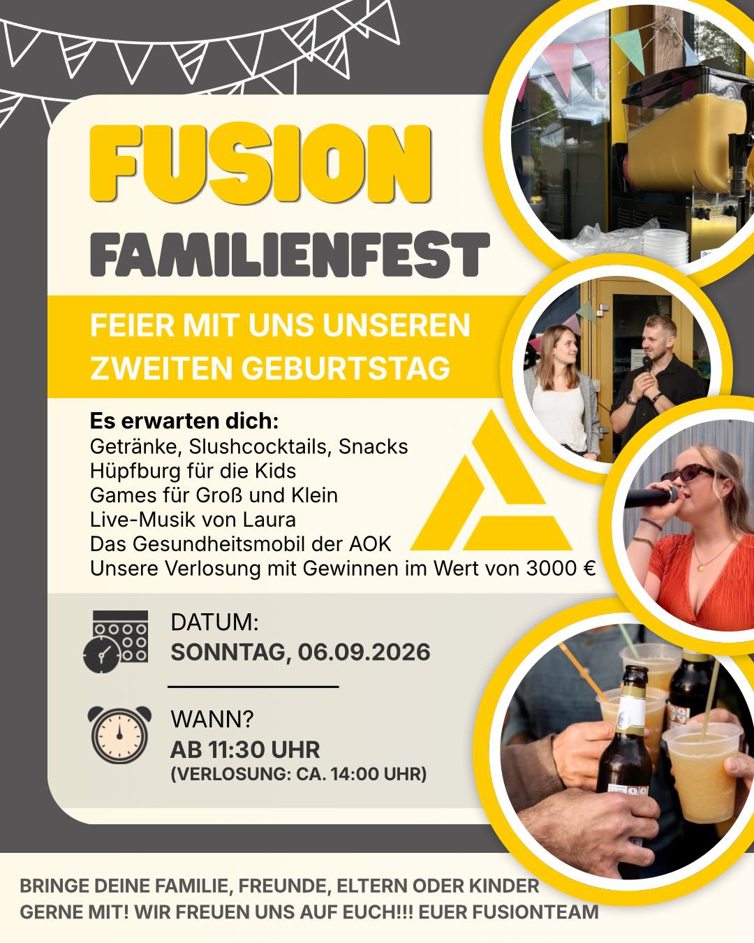 🎉 Unser Fusion Familienfest steht vor der Tür! 🥳

Dieses Jahr feiern wir unseren 2. Geburtstag – und das möchten wir gem